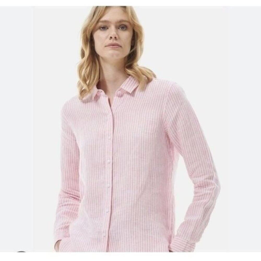 Barbour Marine Pinstripe Linen Hibiscus Pink Relaxed Fit Button Up Shirt Size 8